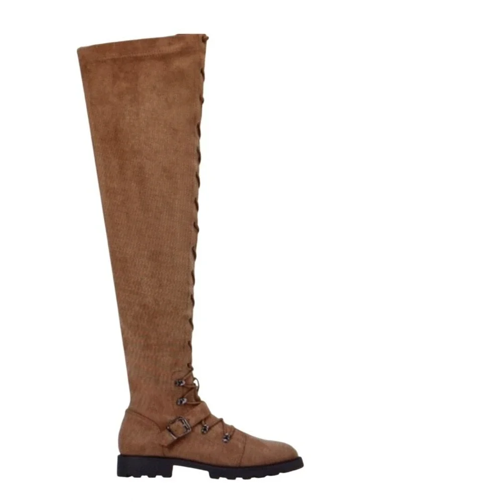 JustFab Phyllida Flat‎ Boots Women 7 Brown Over The Knee Lace Up Lug Sole Punk